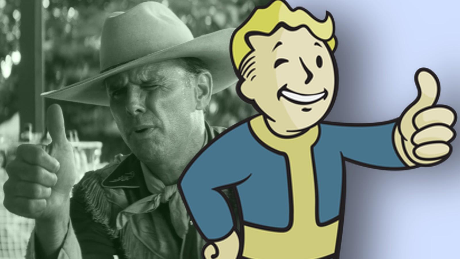 Walton Goggins in the Fallout TV show and Vault Boy