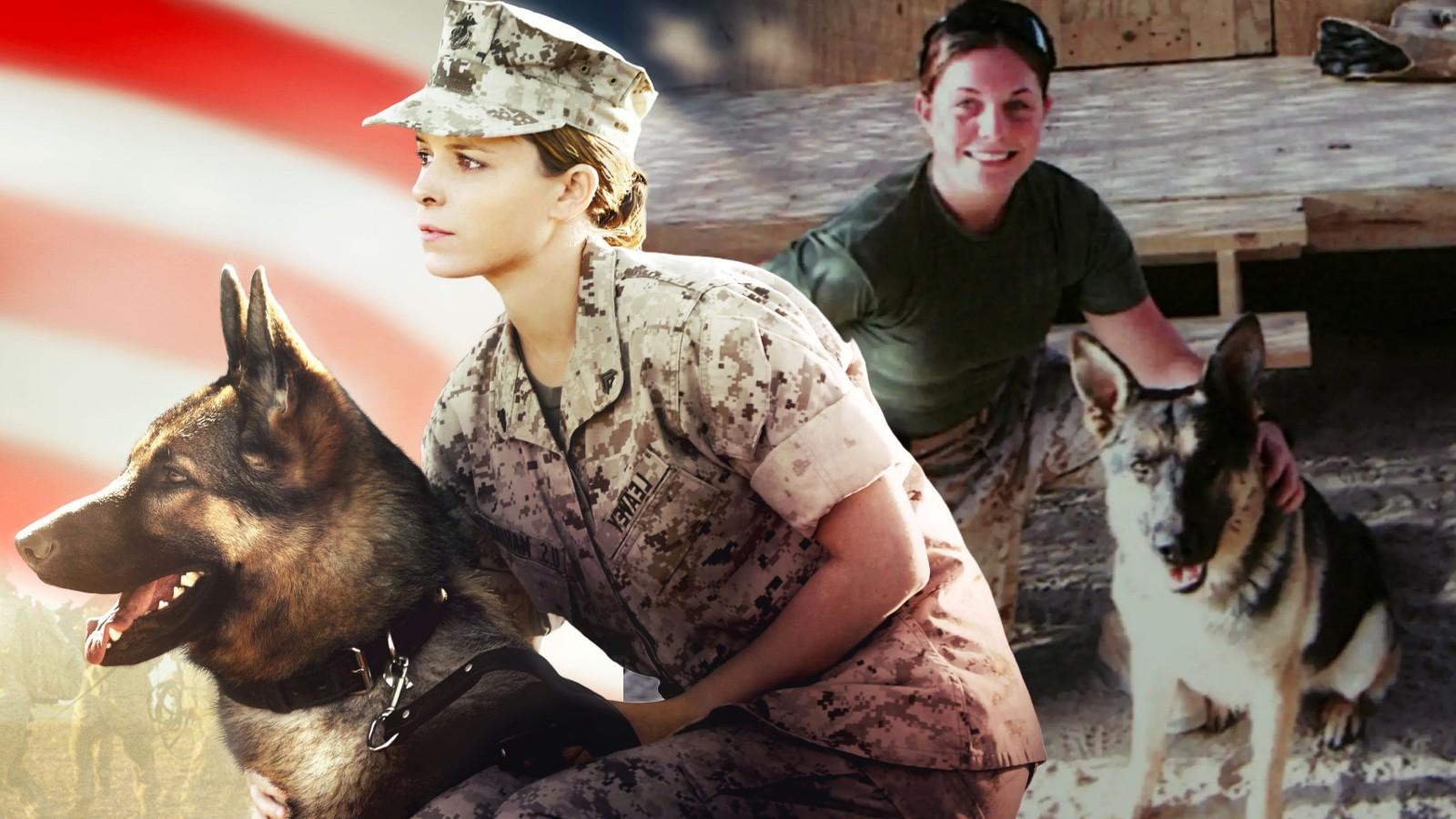 Kate Mara in the Megan Leavey movie and Leavey and Rex in real life