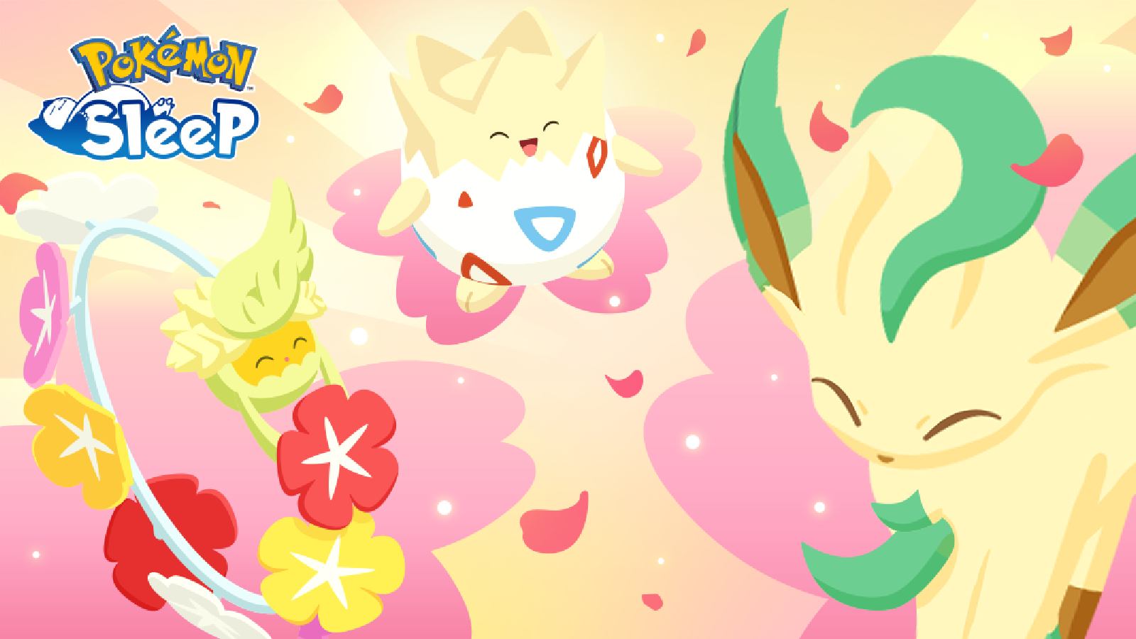 Key art for the Pokemon Sleep Flower Festival shows Comfey, Togepi, and Leafeon