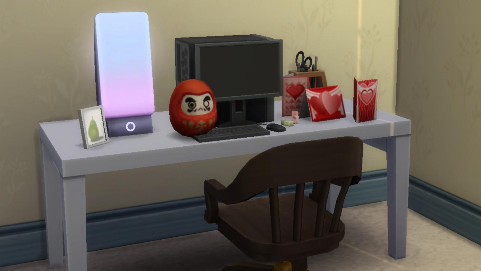 A screenshot featuring a cluttered desk in The Sims 4.