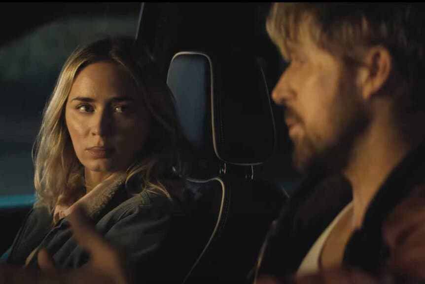 Emily Blunt as Jody and Ryan Gosling as Colt sit in a car together in The Fall Guy.
