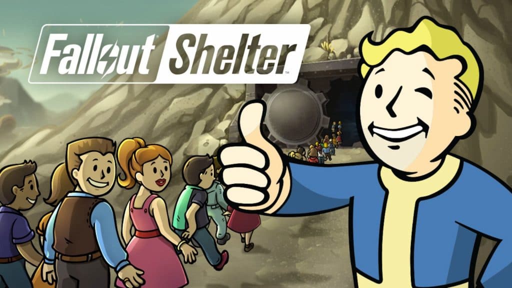 The Fallout Shelter logo featuring citizens heading into the vault