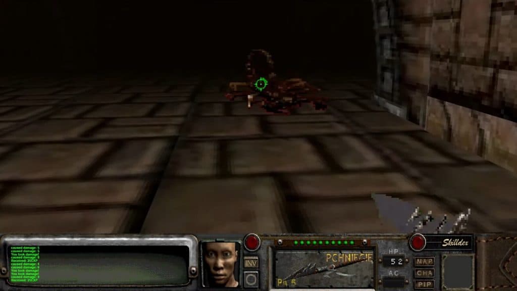A Radscorpion attacks the player in Fallout 2