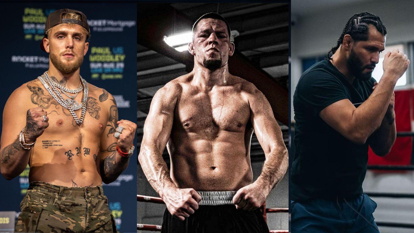 Jake Paul (left) and Nate Diaz (center) and Jorge Masvidal (right).