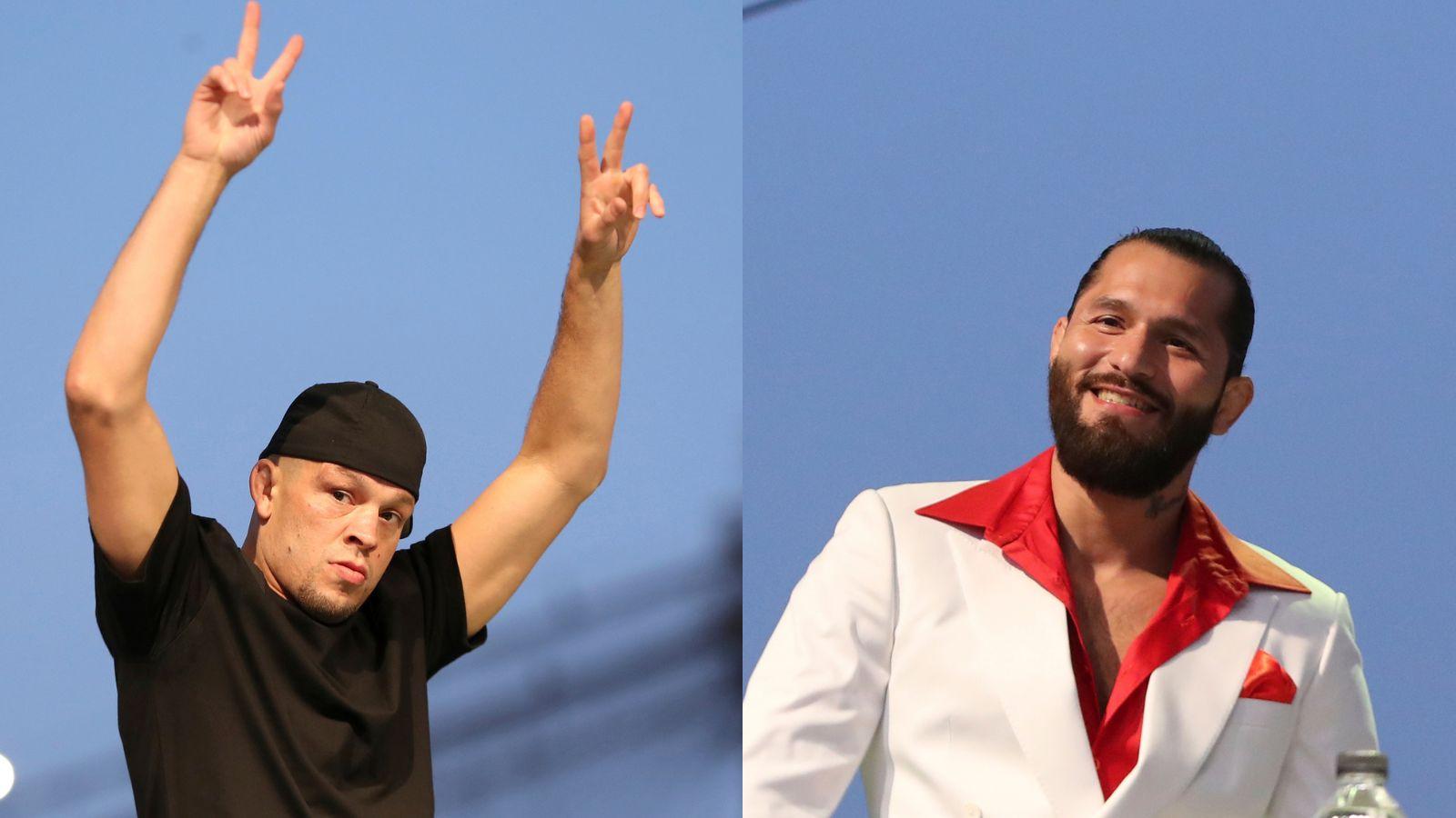 Nate Diaz (left) and Jorge Masvidal (right) in streetclothes at a UFC 244 press conference.