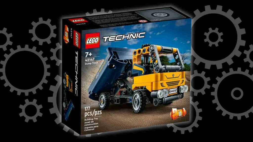 The LEGO Technic Dump Truck on a black background with a graphic of gears