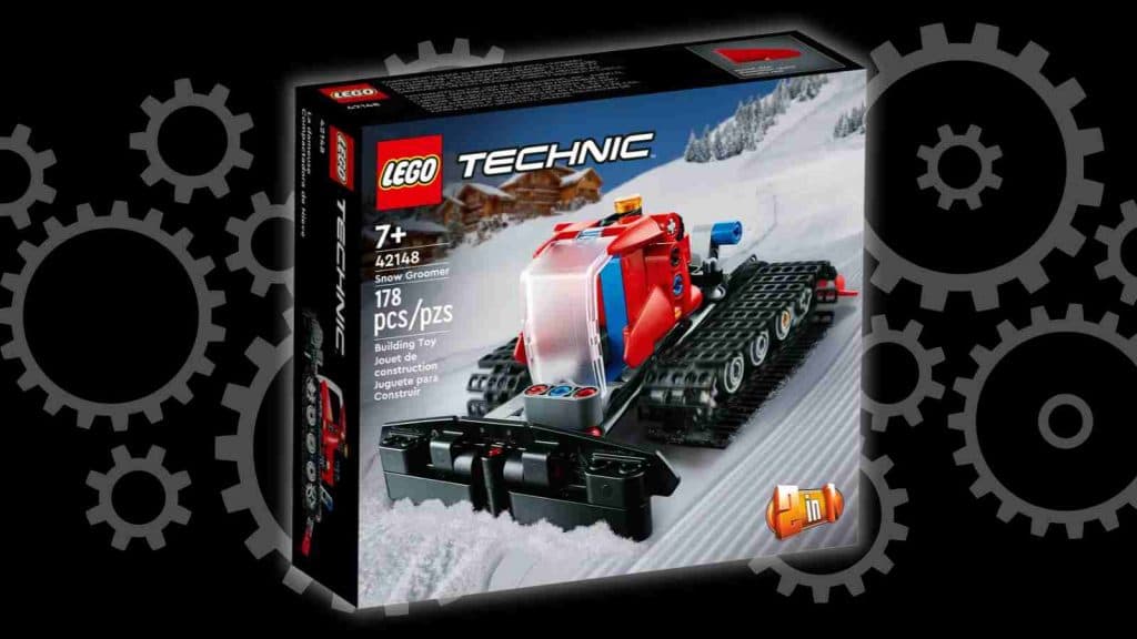 The LEGO Technic Snow Groomer on a black background with a graphic of gears