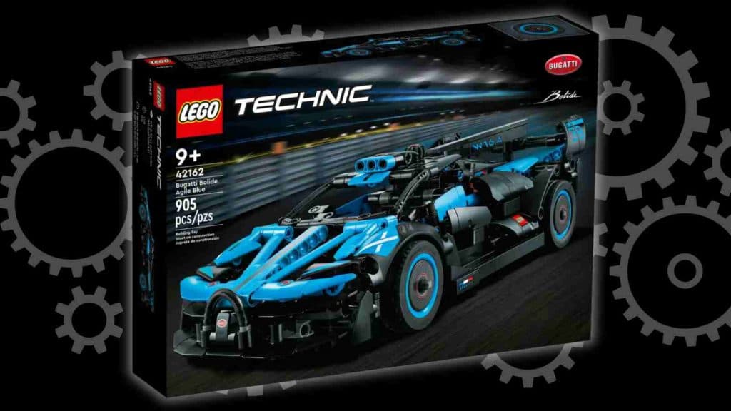 The LEGO Technic Bugatti Bolide Agile Blue on a black background with a graphic of gears