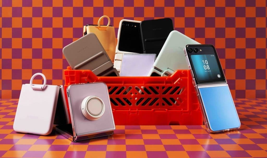 Image showing Samsung Galaxy Z Flip with accessories in a basket