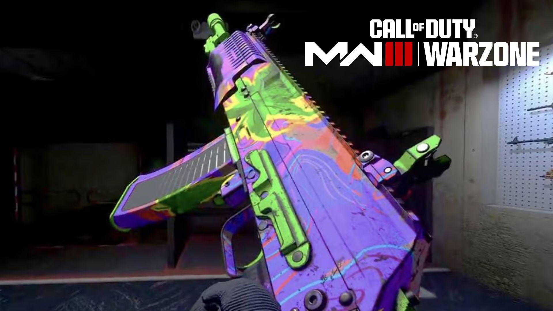 Purple, green and red skin being held up in call of duty firing range