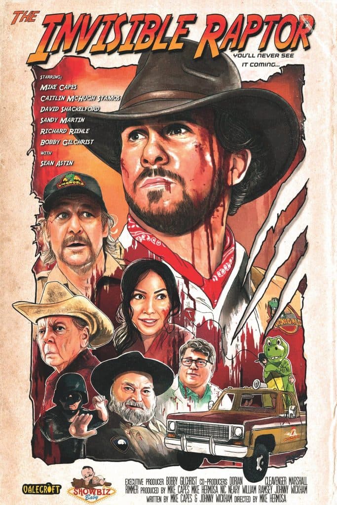 Heroes and villains on the front of The Invisible Raptor poster.