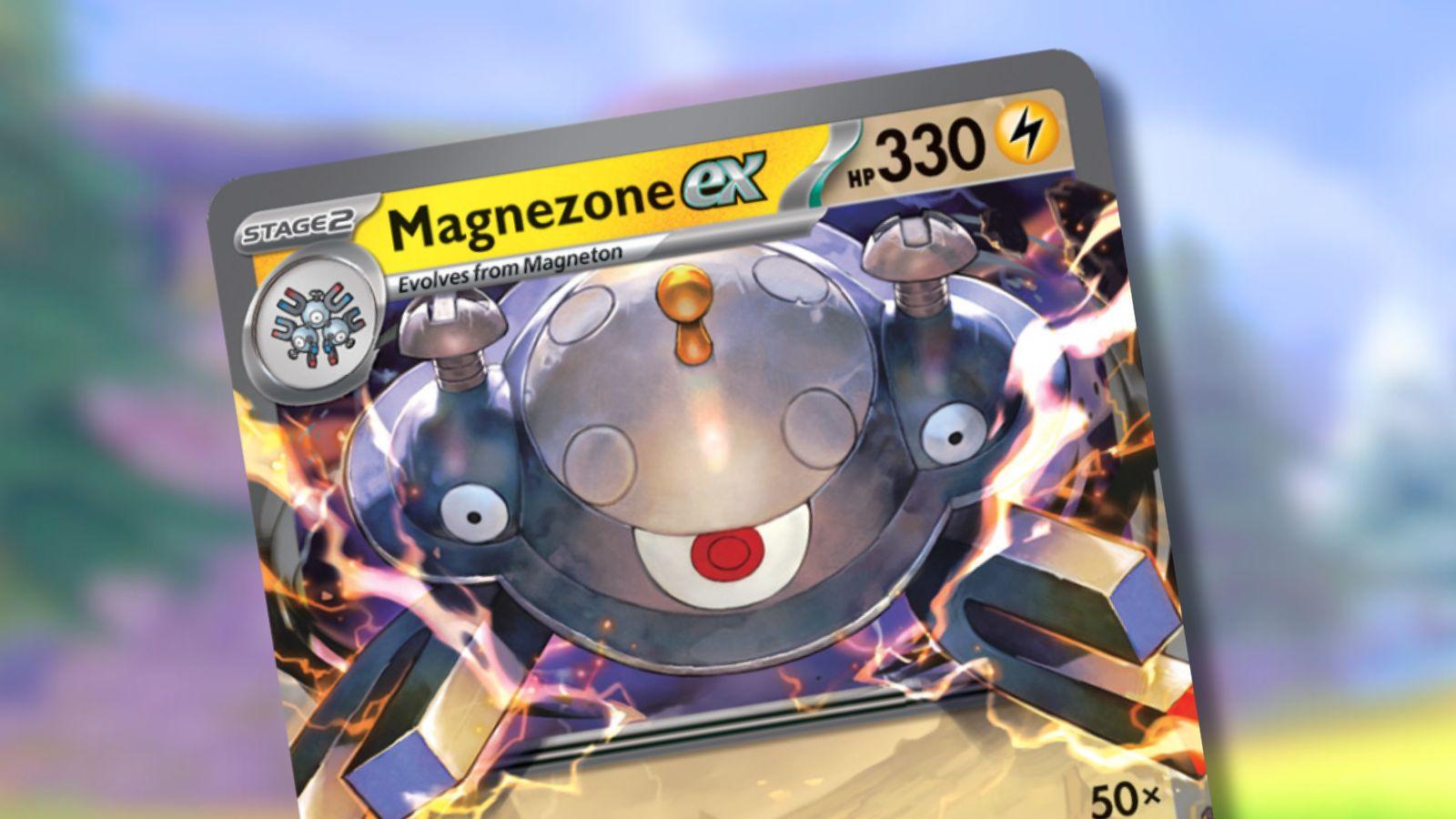 Magnezone ex Pokemon card with blurred background.