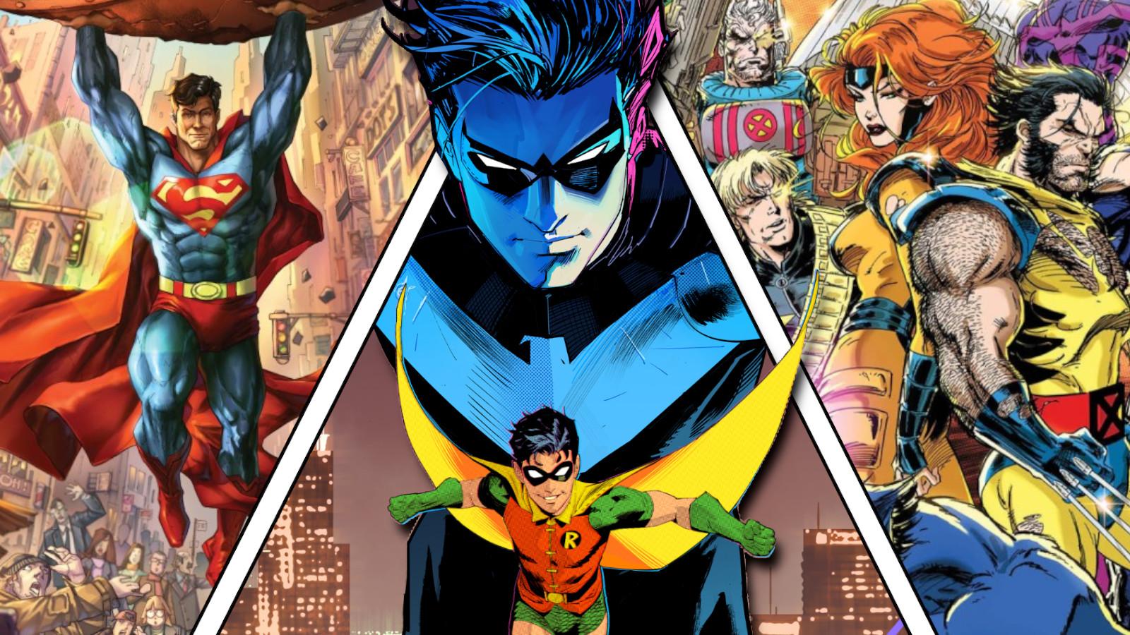 Superman, Nightwing, and X-Men key art