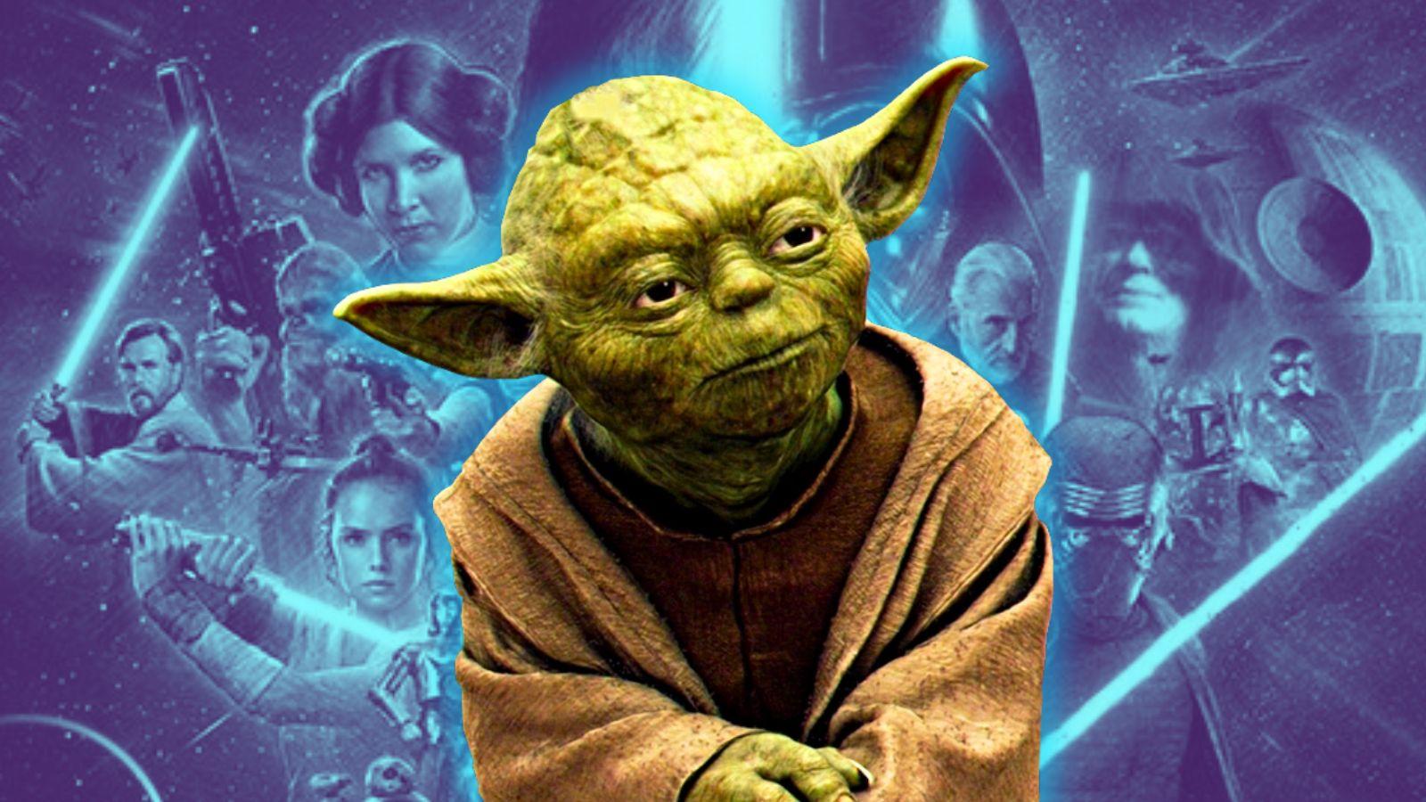 Yoda in front of a Star Wars poster.
