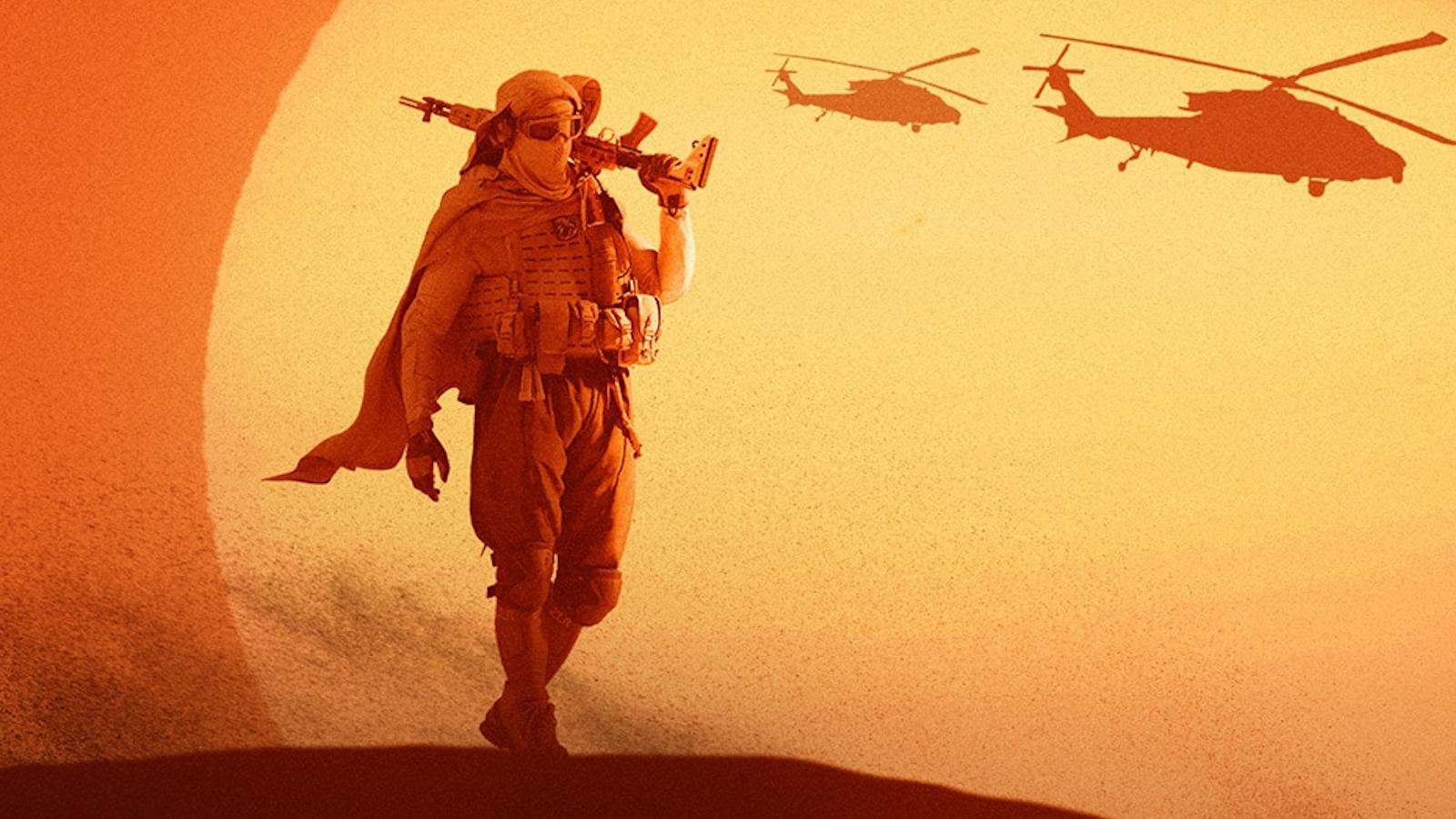 Call of Duty soldier slinging gun over shoulder in desert with helicopters in background.