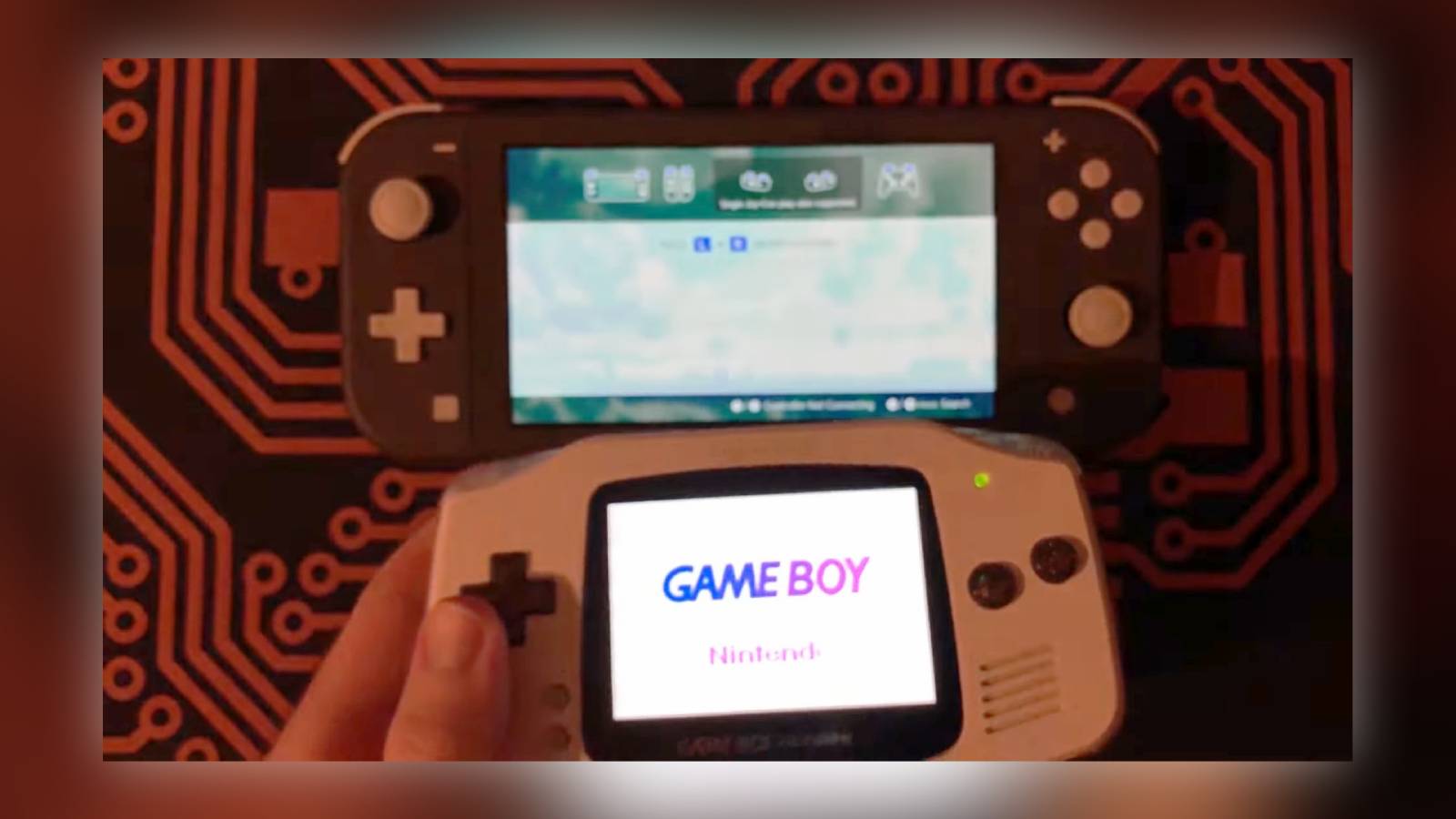Image from the insideGadgets YouTube video, showing the GBA controlling the Nintendo Switch.