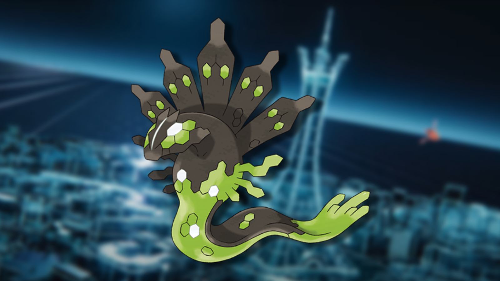 The legendary Pokemon Zygarde appears against a blurred image of Lumiose City from Pokemon Legends Z-A