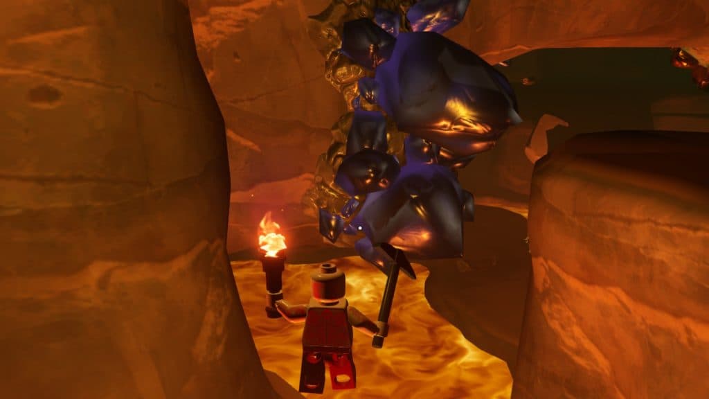 A screenshot featuring Obsidian inside a cave in LEGO Fortnite.