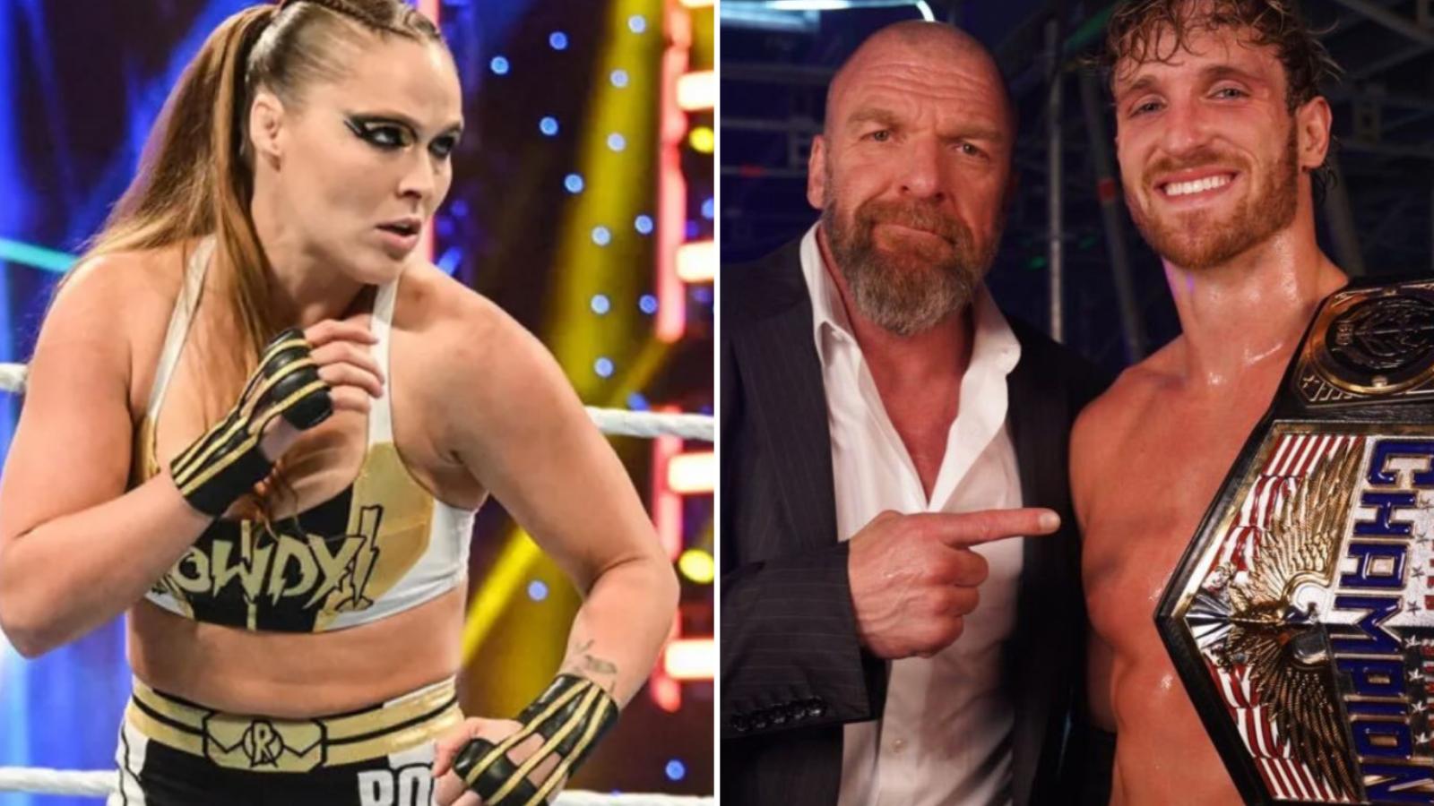 ronda rousey next to triple h and logan paul in wwe