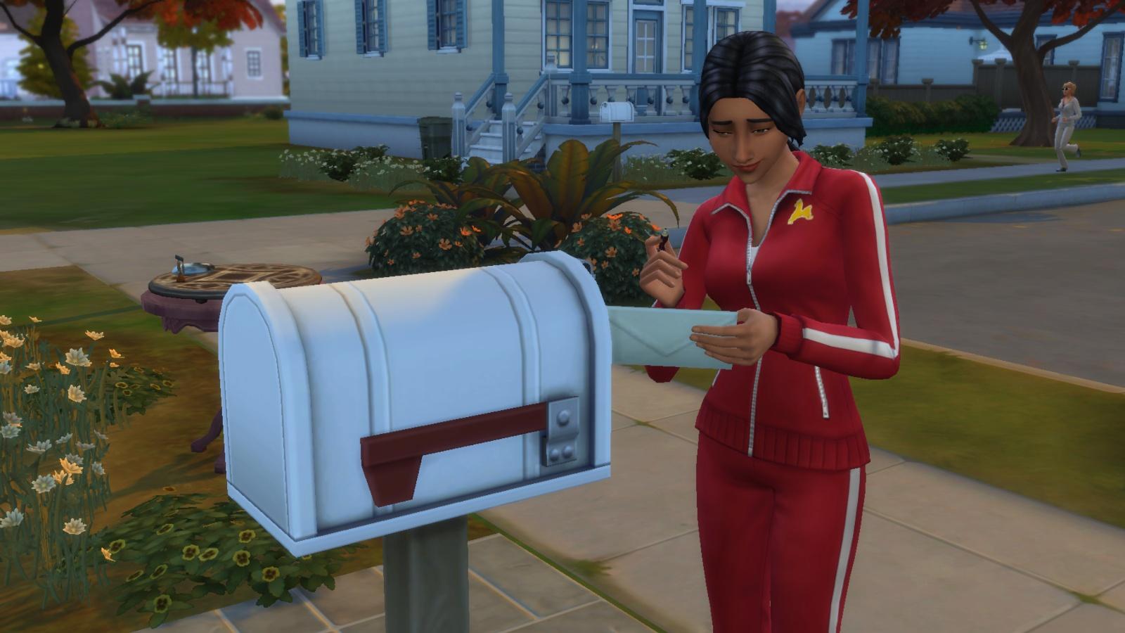 A screenshot featuring a Sim and a mailbox in The Sims 4.