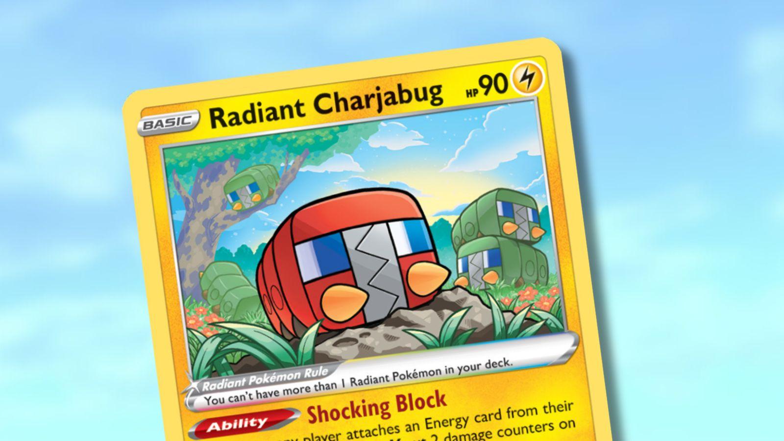 Radiant Charjabug card with Pokemon sky background.