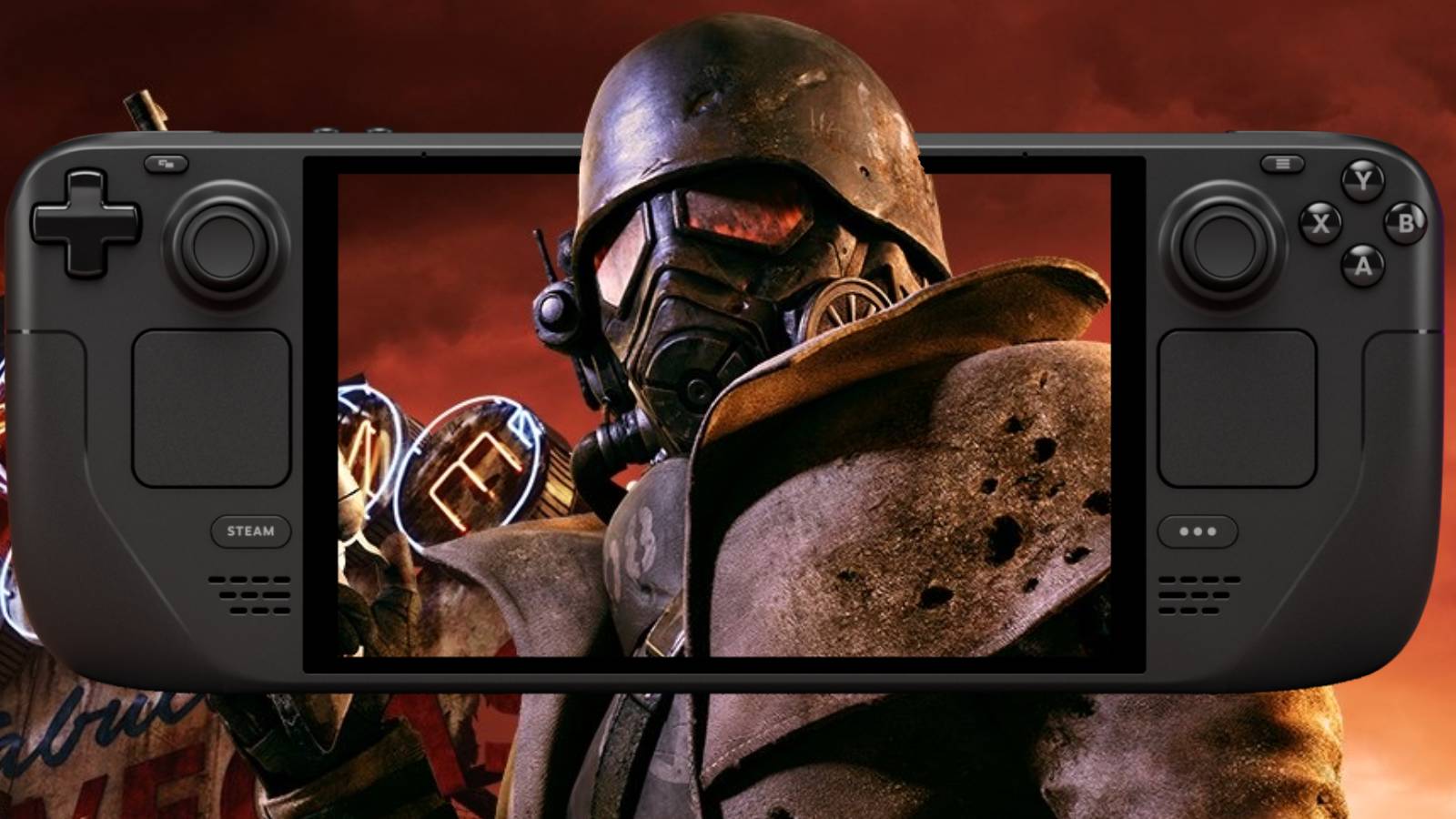 Key-art from Fallout New Vegas on the screen of a Steam Deck.