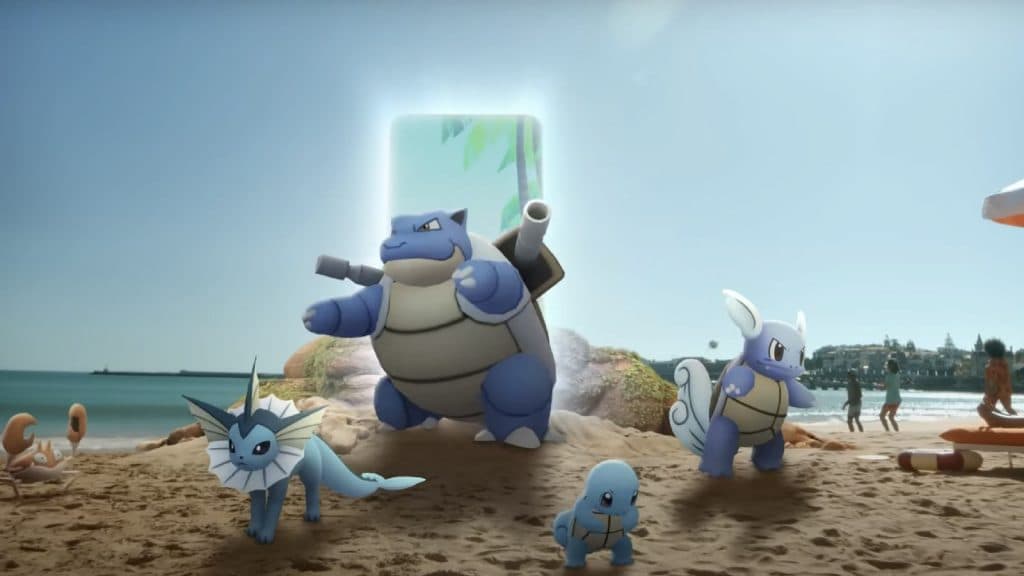 Blastoise and other Water-type Pokemon appear on a beach