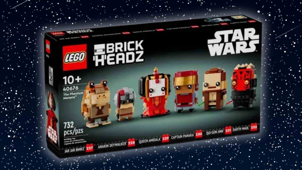 The LEGO star Wars BrickHeadz The Phantom Menace set on a galaxy background
