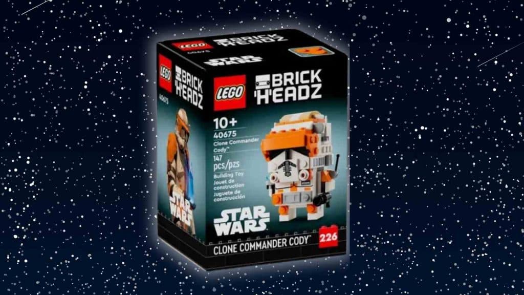 The LEGO BrickHeadz Clone Commander Cody on a galaxy background