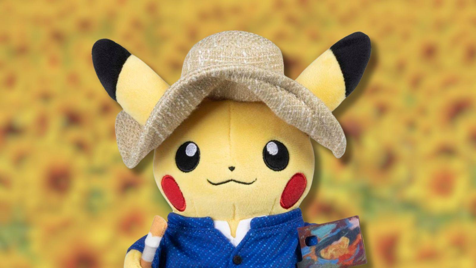 Pikachu Van Gogh plushie with sunflowers in the background.