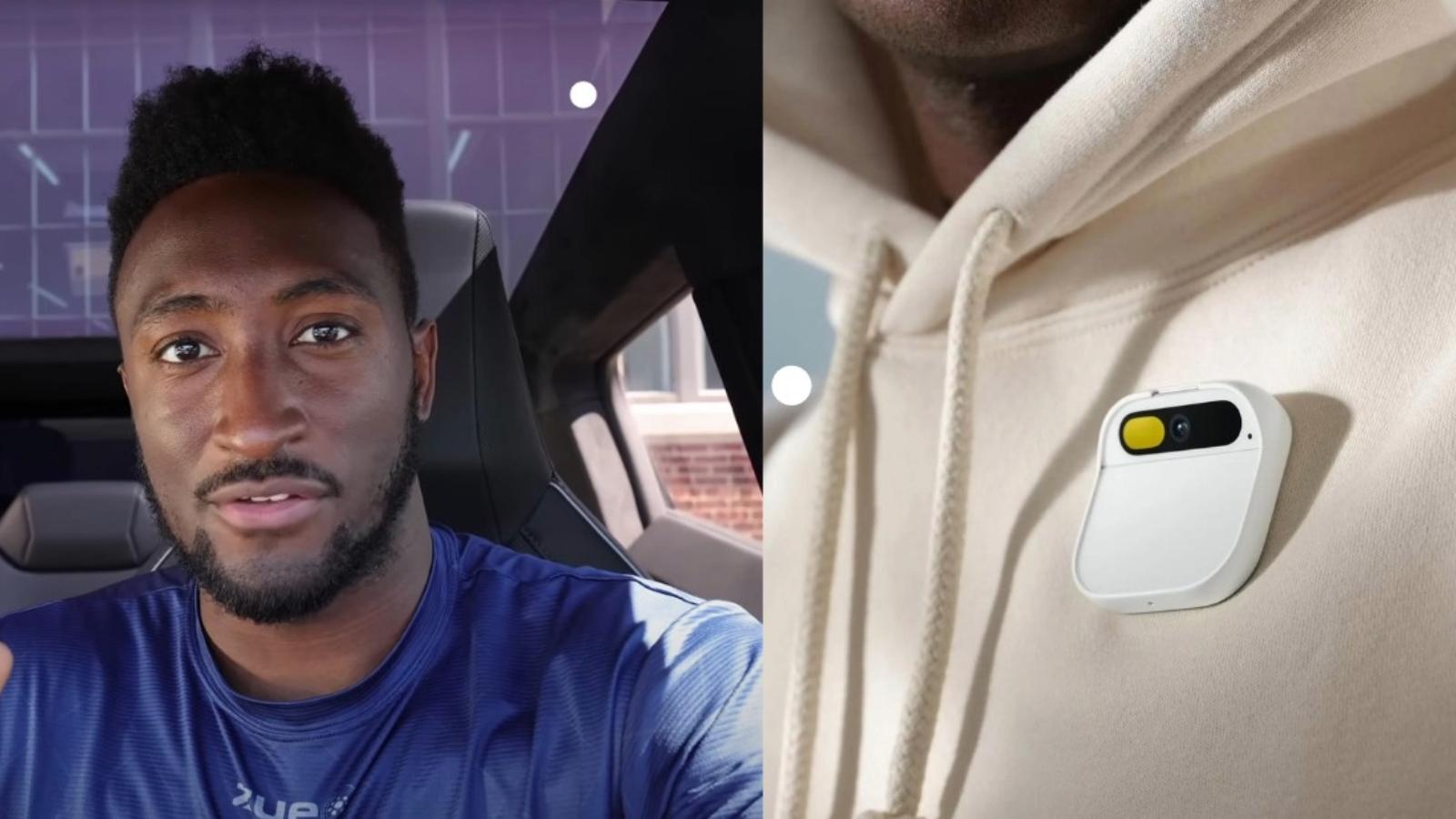 Collage with YouTuber MKBHD on one frame and Humane AI Pin on another.