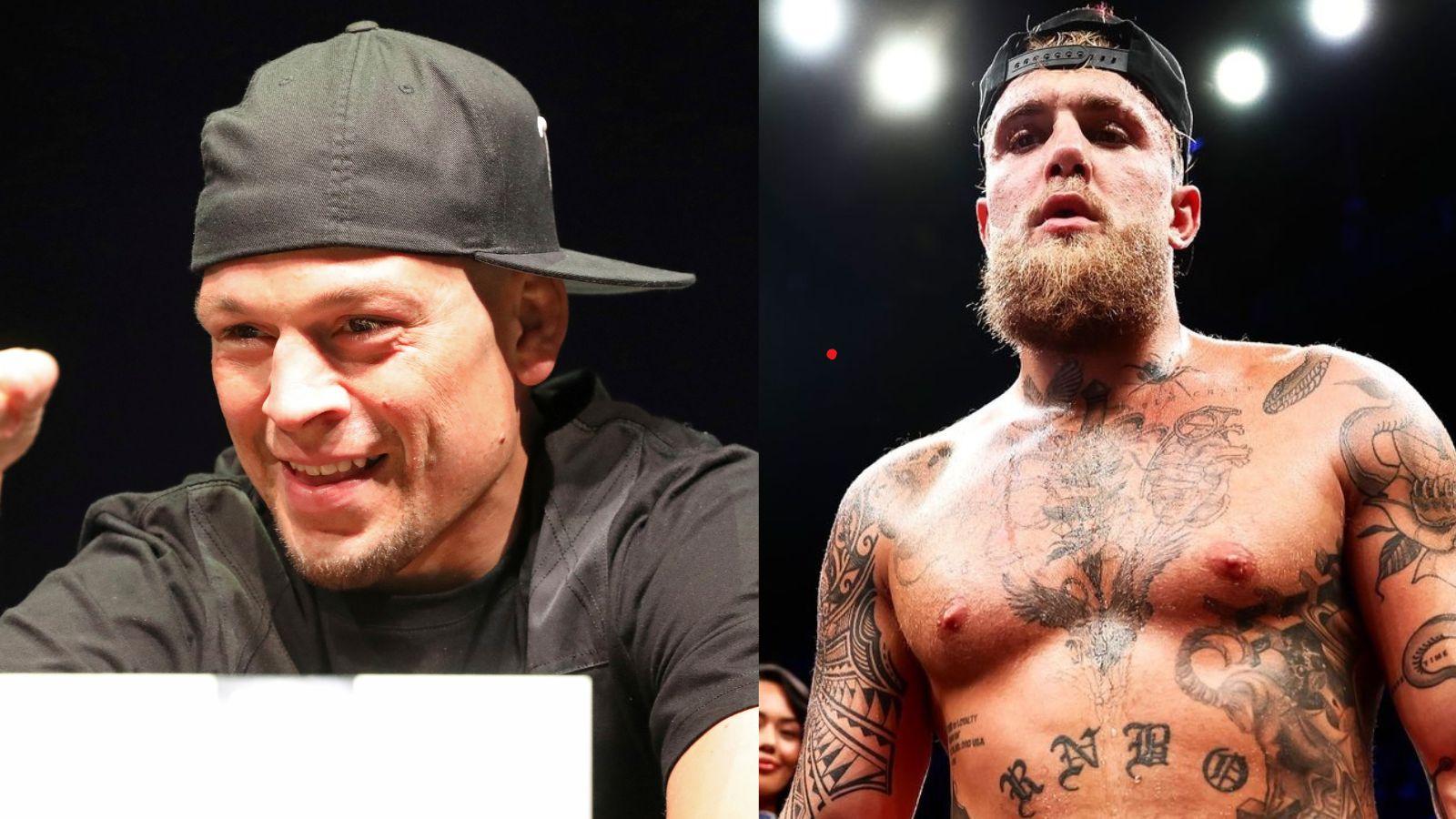 Nate Diaz at a UFC 244 press conference (left) and Jake Paul (right).