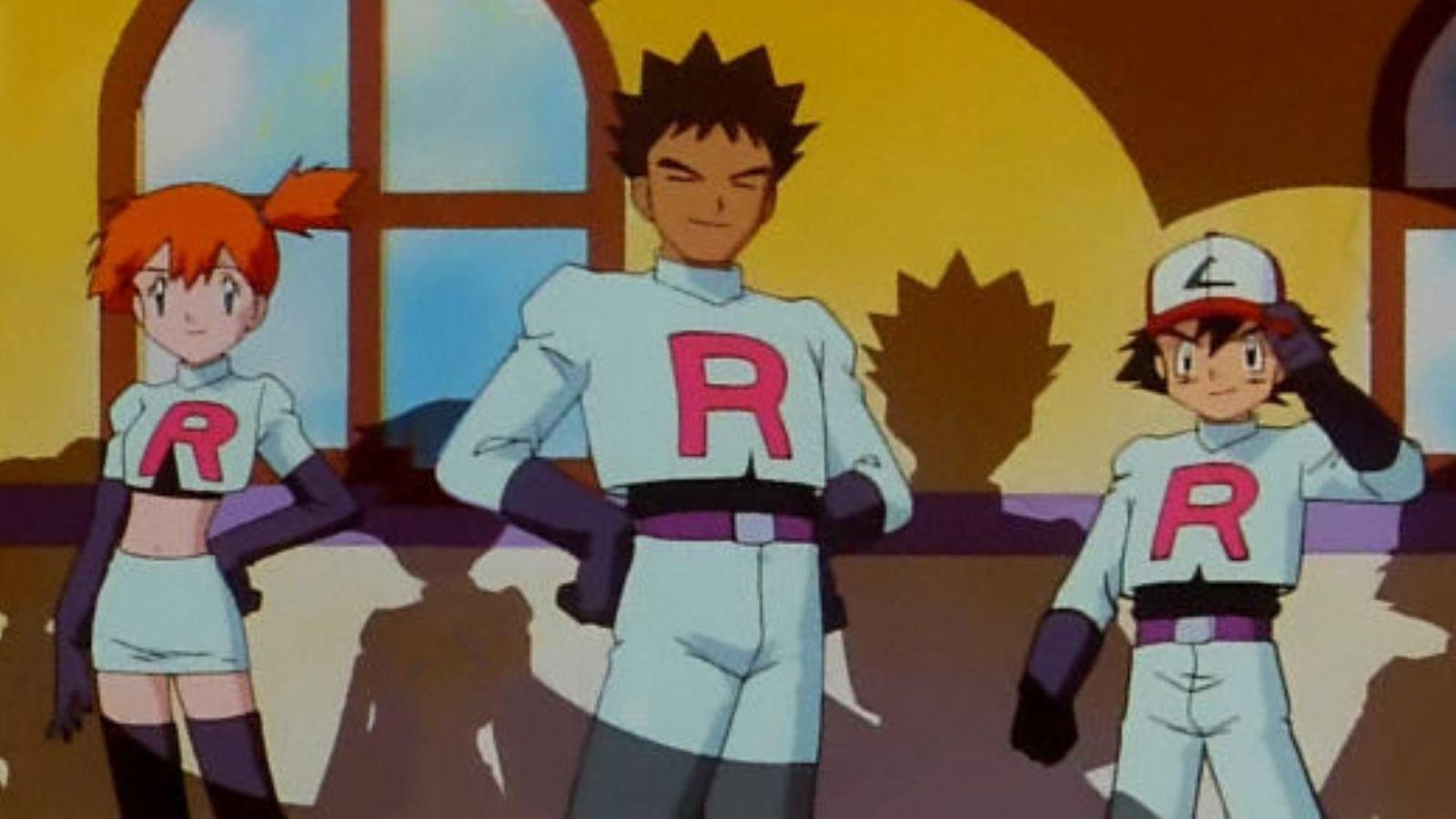 Pokemon anime protagonists with Team Rocket uniforms.
