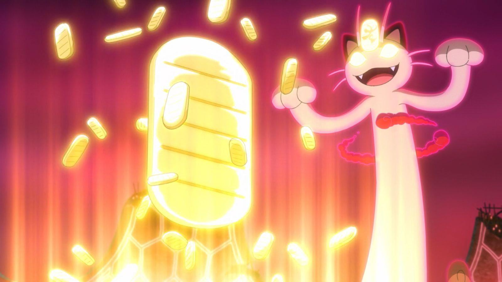 Gigantamax Meowth using Payday in Pokemon anime.