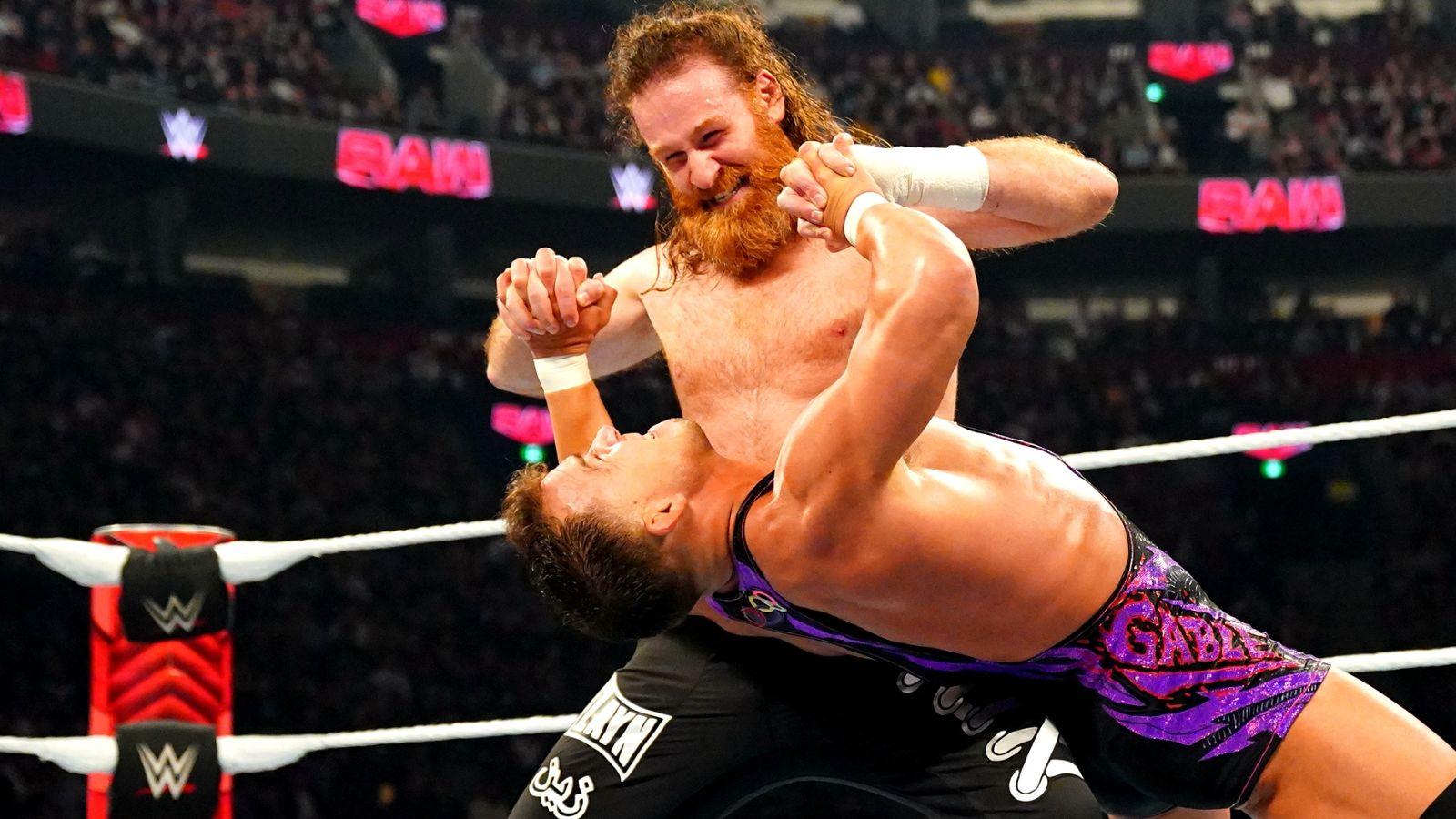 Sami Zayn wrestling against Chad Gable on the April 15 episode of WWE RAW.