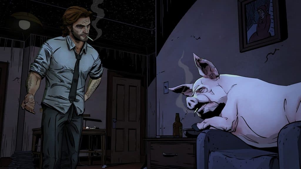 Detective Wolf talks to a pig in The Wolf Among Us