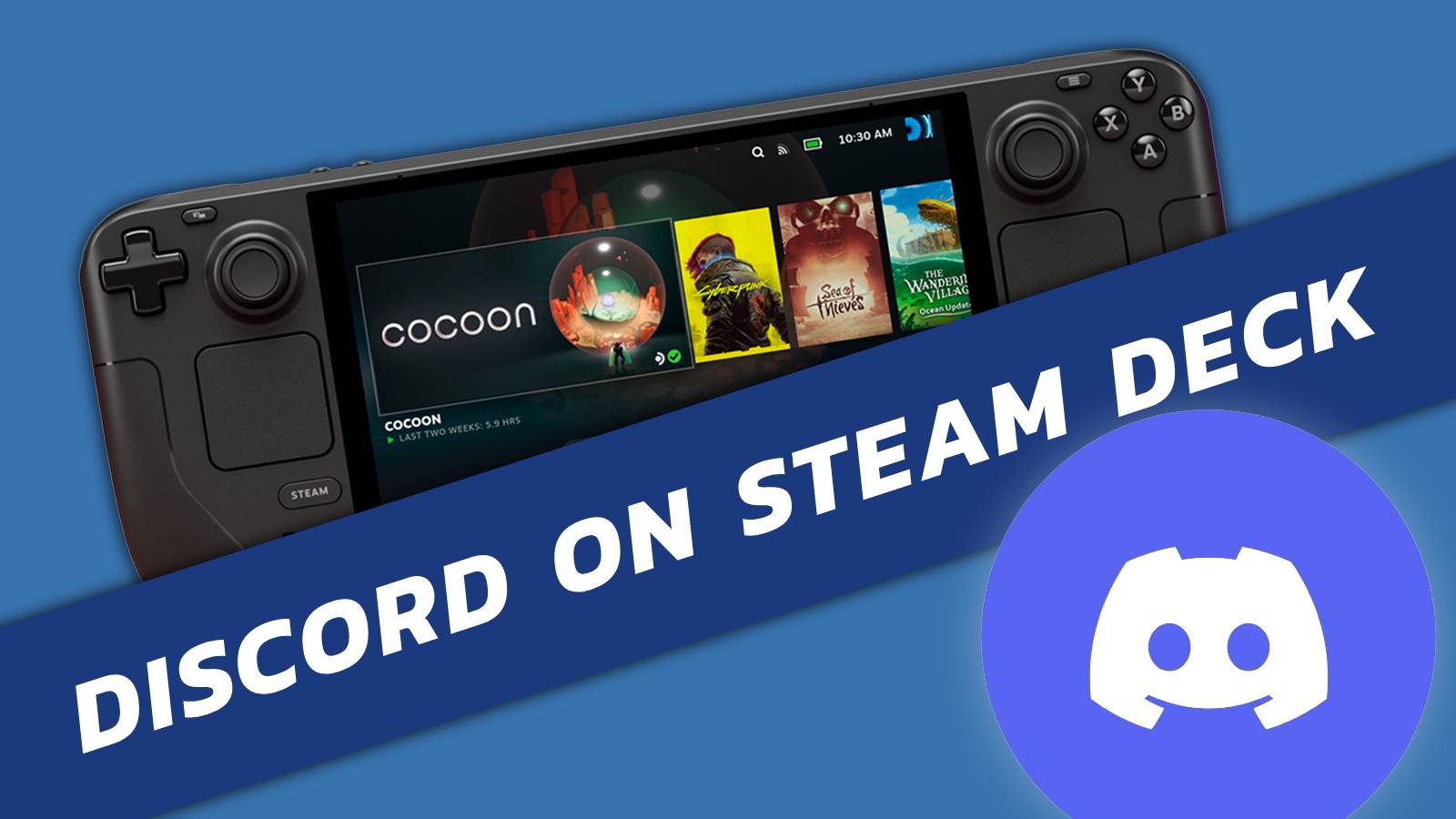 Image of a Steam Deck, with a banner across and the Discord logo in the bottom right corner.