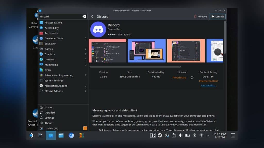 Screenshot of the Discord app in Discover on the Steam Deck.