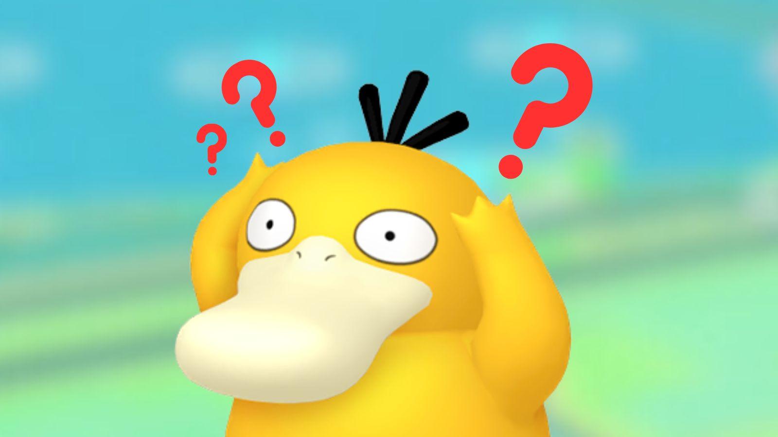 Psyduck with question marks and Pokemon Go background.