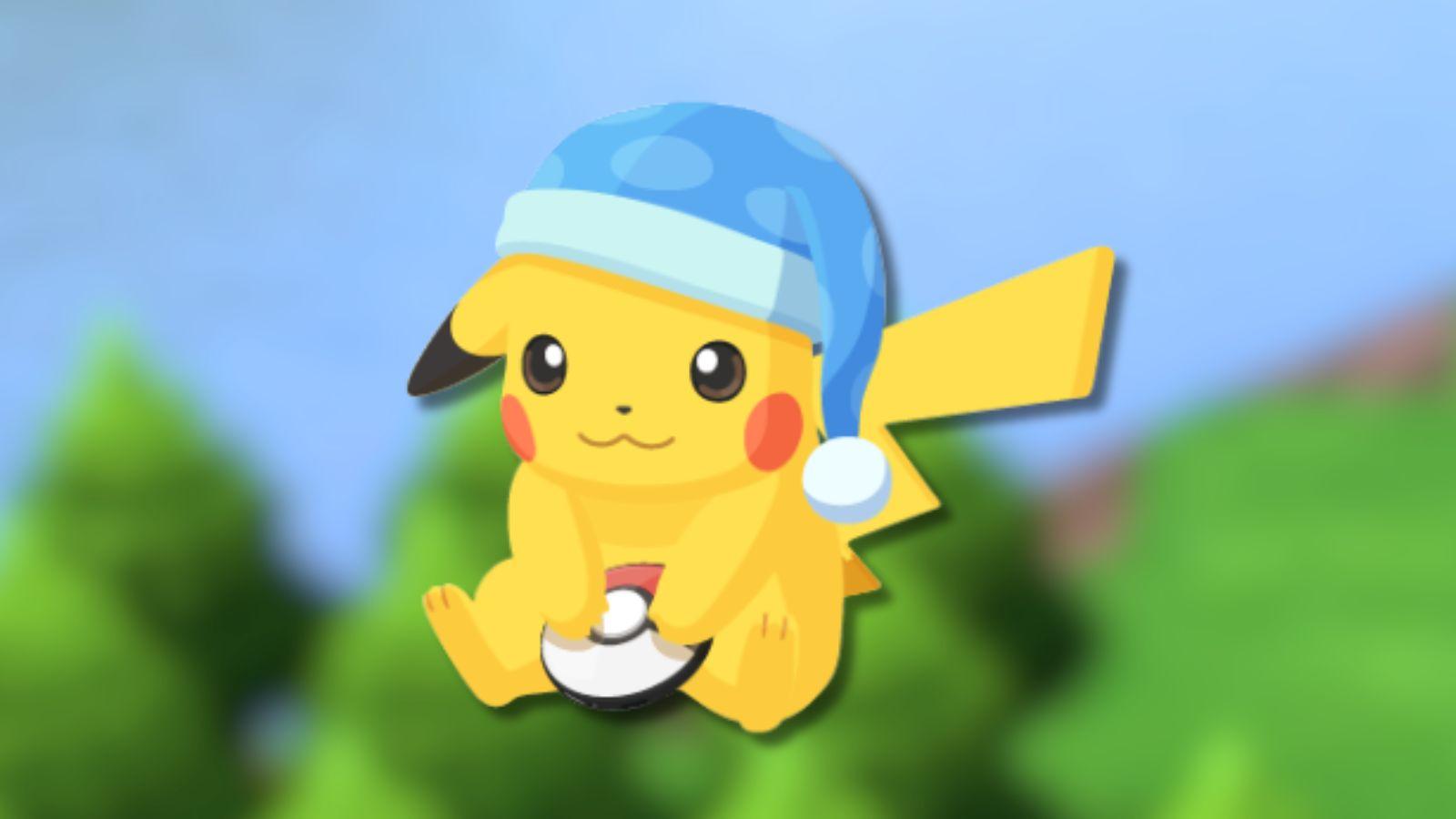 Pokemon Sleep Pikachu mascot with game background.