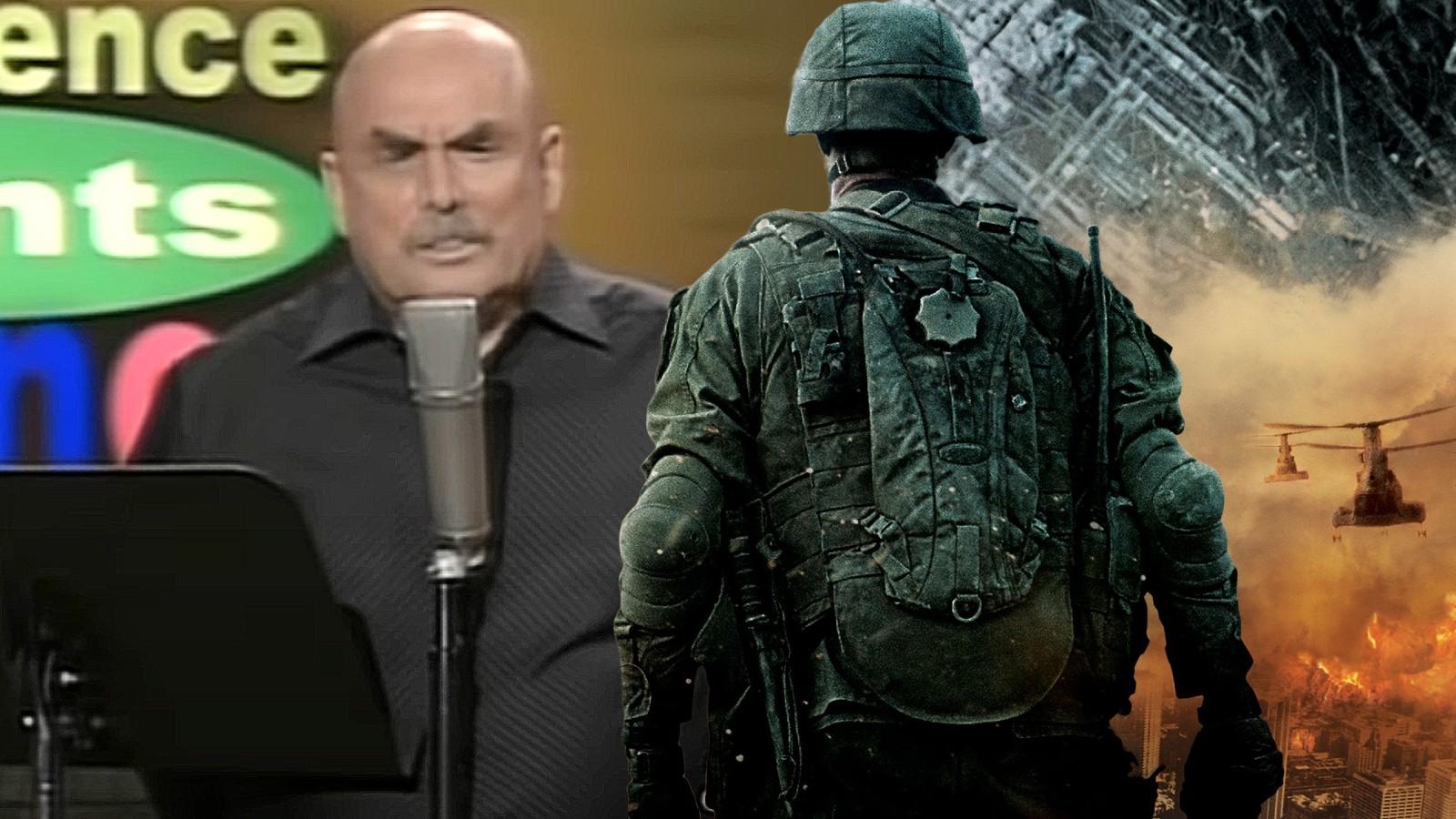 Don LaFontaine and a still from Battle Los Angeles