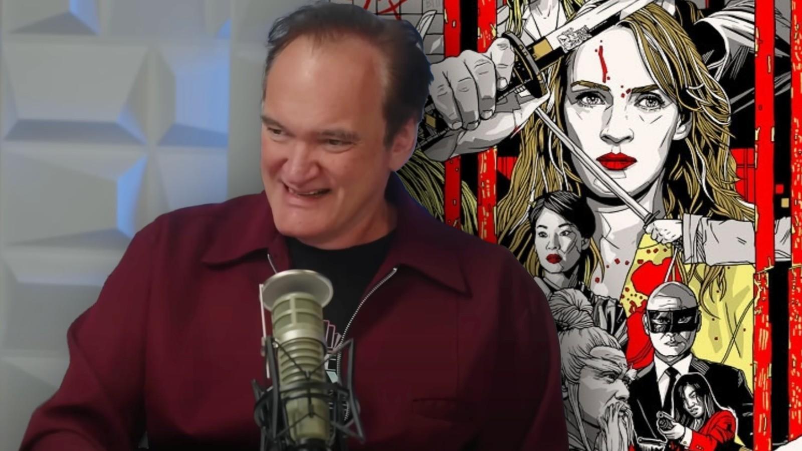 Quentin Tarantino and a poster for Kill Bill: The Whole Bloody Affair