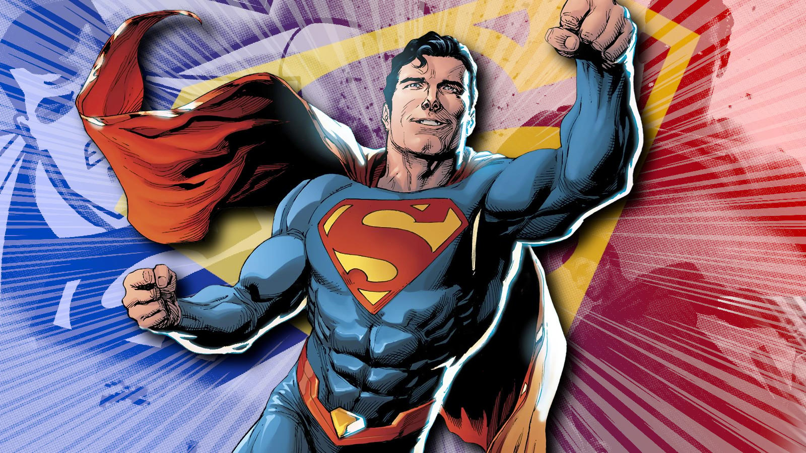 Superman flies at the reader with screenshots from his games in the background