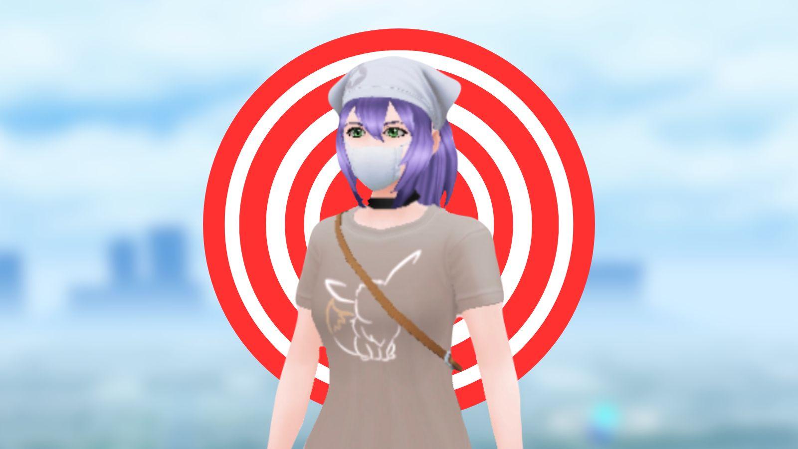 Pokemon Go avatar with target behind them and city.
