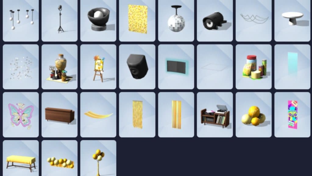 A screenshot featuring all items in the Sims 4 Party Essentials Kit.