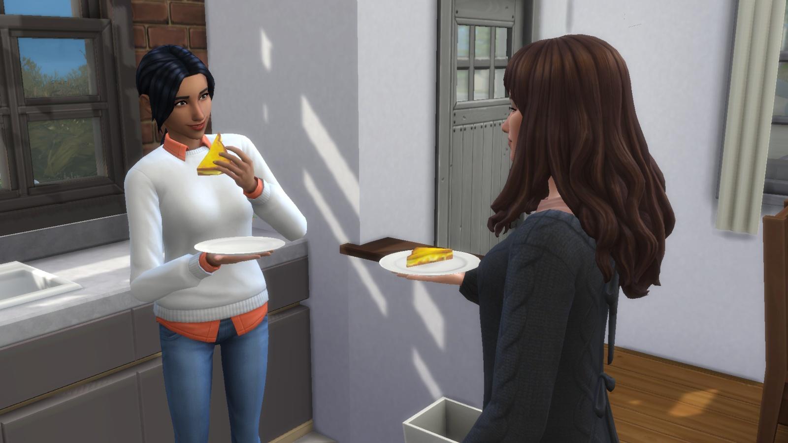A screenshot featuring Sims eating Grilled Cheese in The Sims 4.