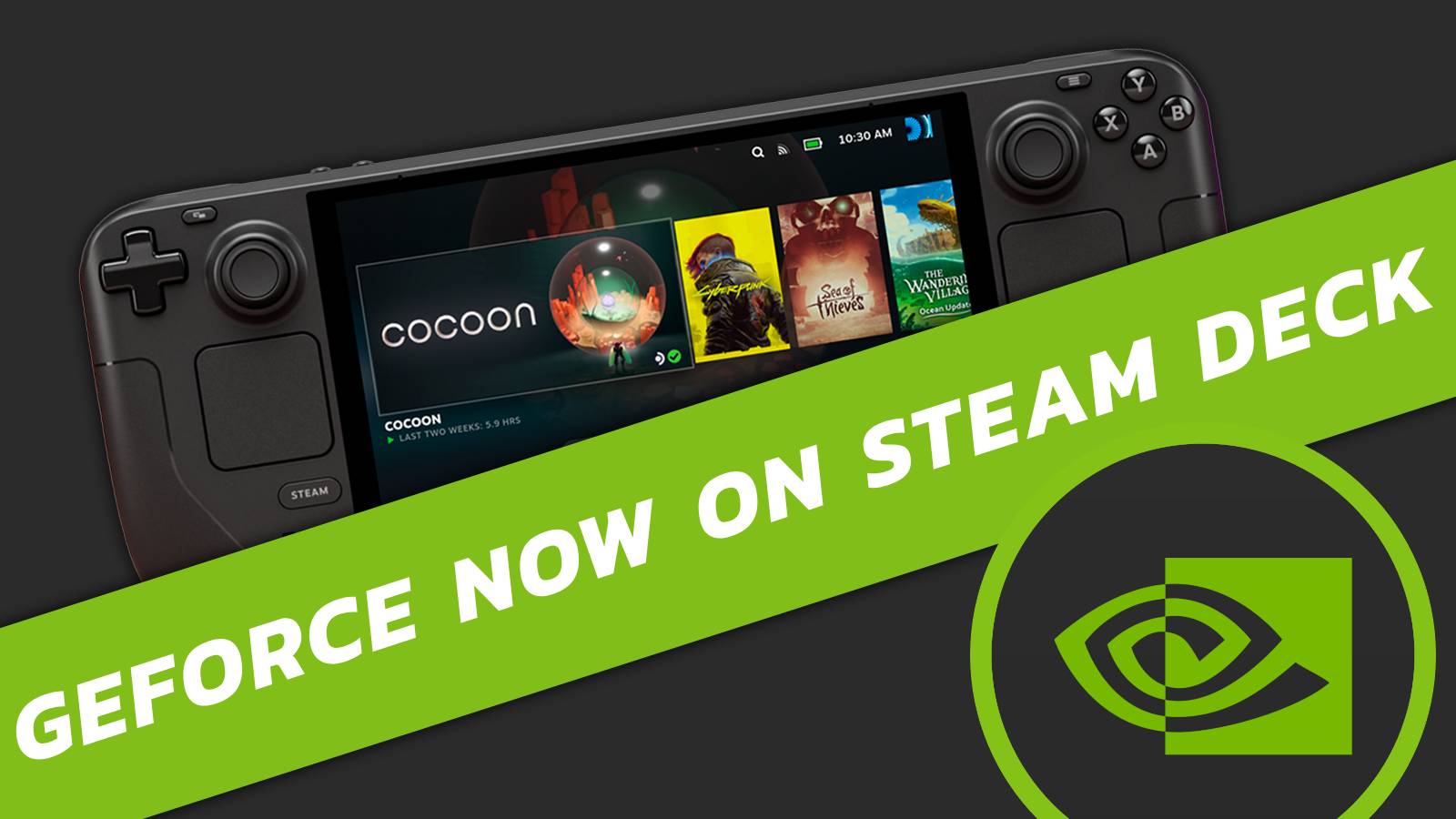 Image of a Steam Deck, with a green banner and the Nvidia logo in the right corner.