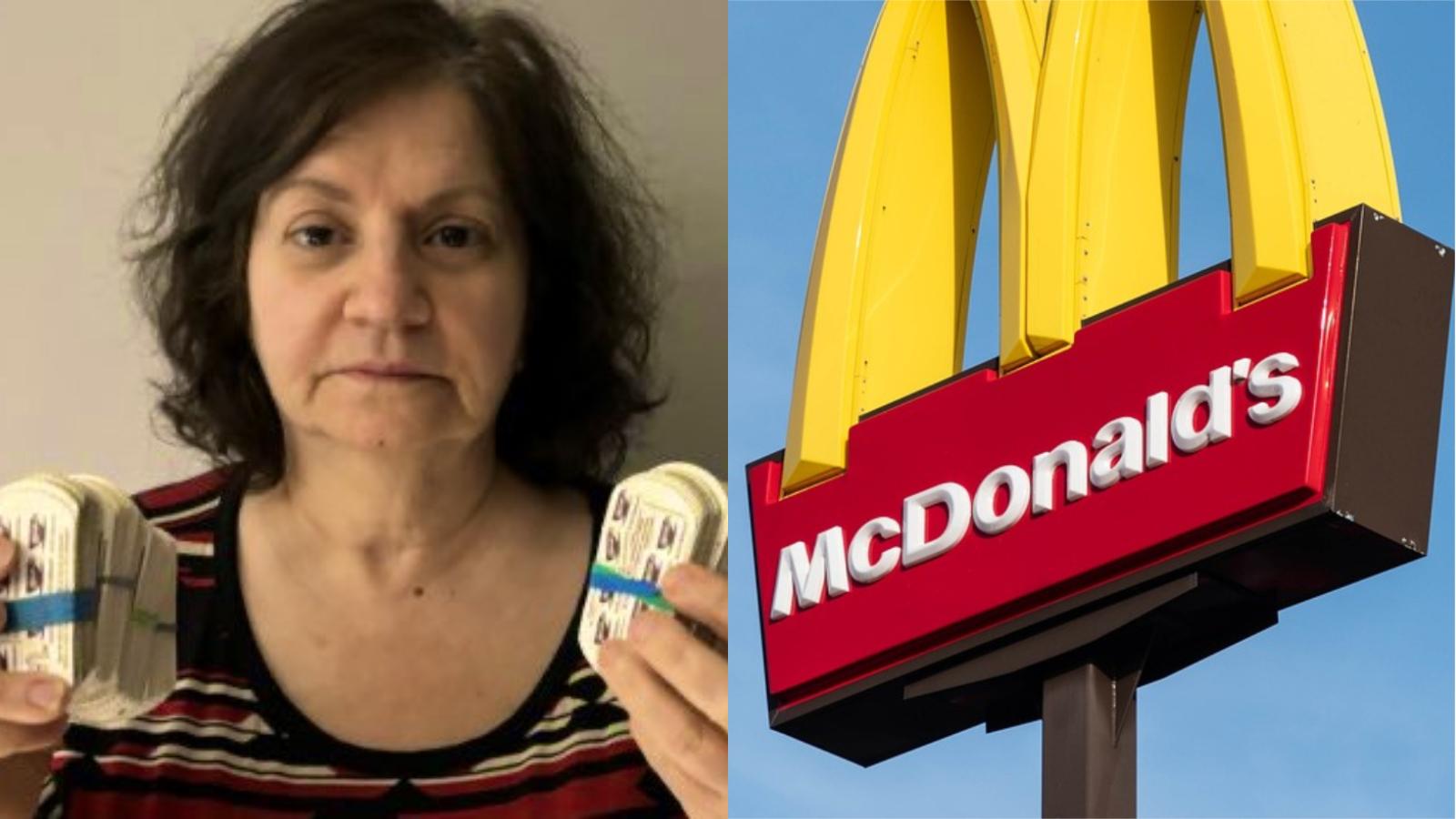 woman holds up 400 free mcdonalds's coffee cards