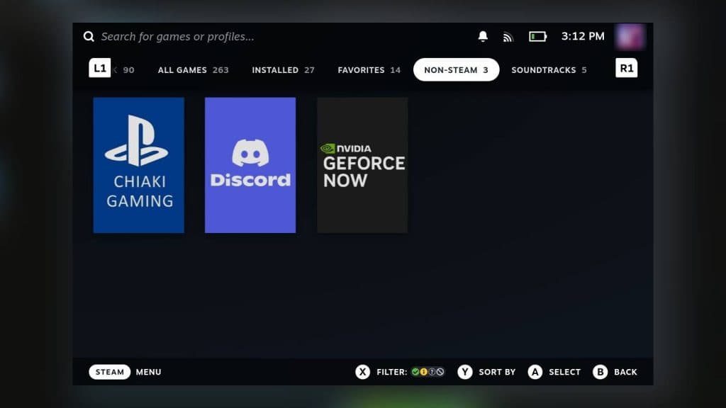 Screenshot of the non-Steam tab on gaming mode on a Steam Deck.