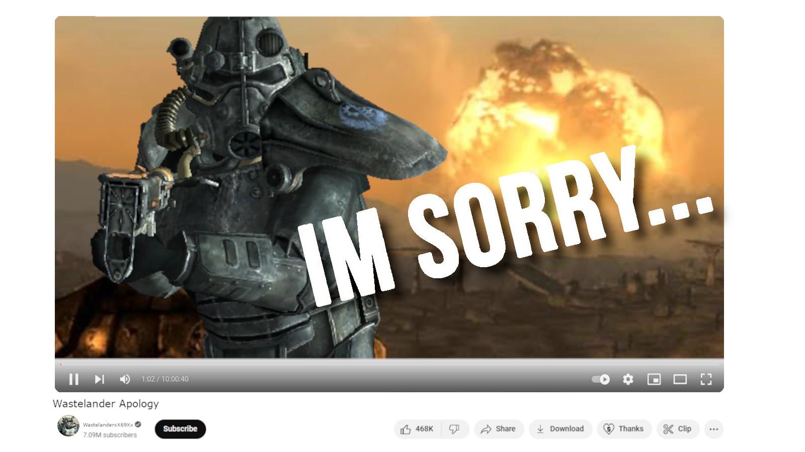 A man in power armor makes an apology for something while an atomic bomb detonates in the background.